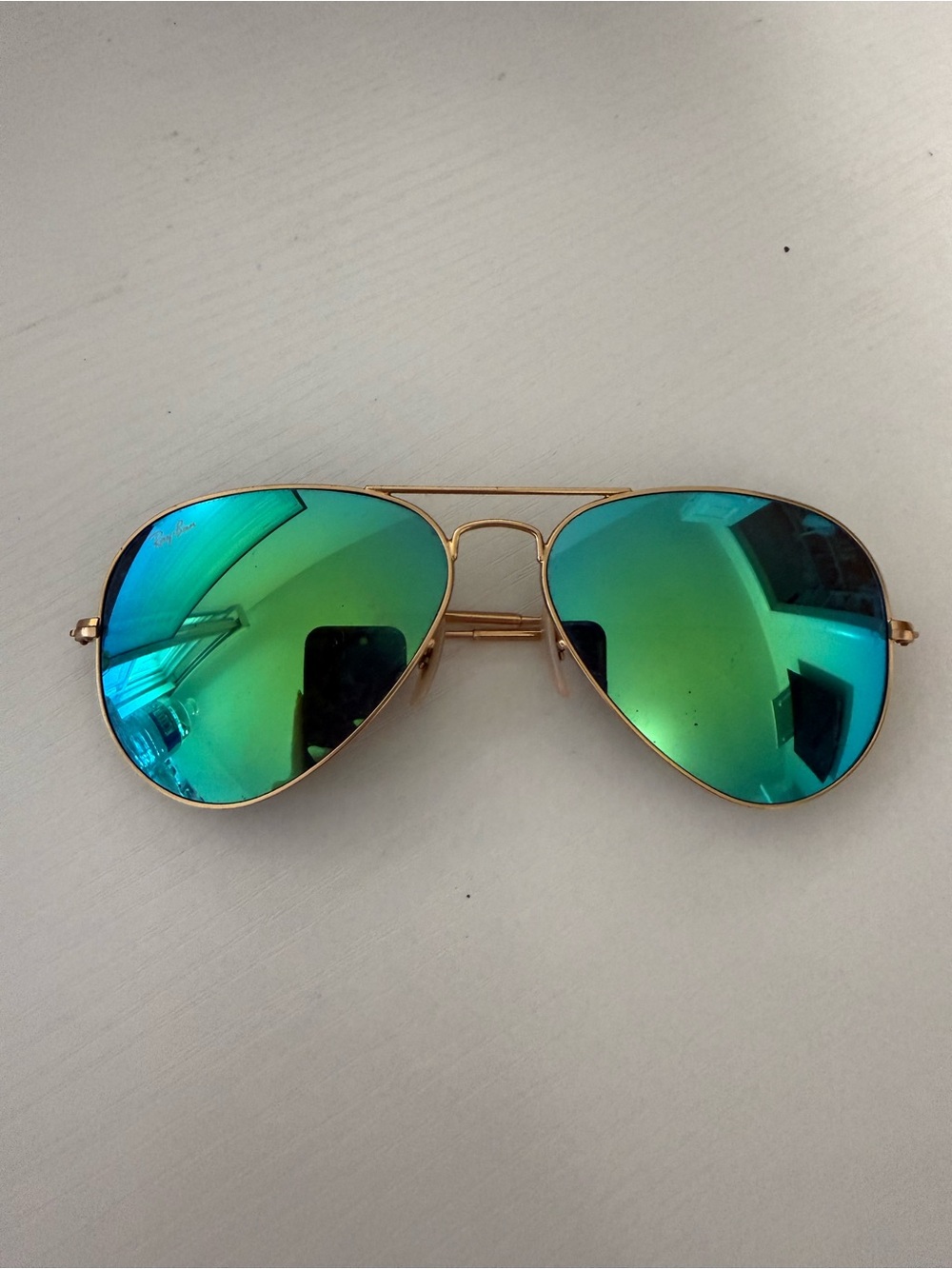 Ray-Ban Gold Frame Sunglasses with Green-Blue Mirrored Lenses